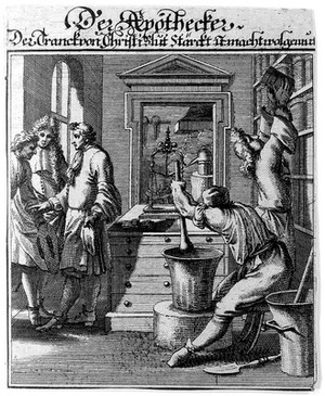 view An apothecary is making up a prescription for waiting customers, another takes a jar down from a shelf. Engraving by J.C. Weigel.