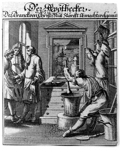 An apothecary is making up a prescription for waiting customers, another takes a jar down from a shelf. Engraving by J.C. Weigel.
