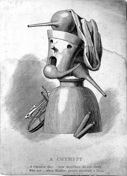 An apothecary composed of the attributes of the trade. Line engraving.