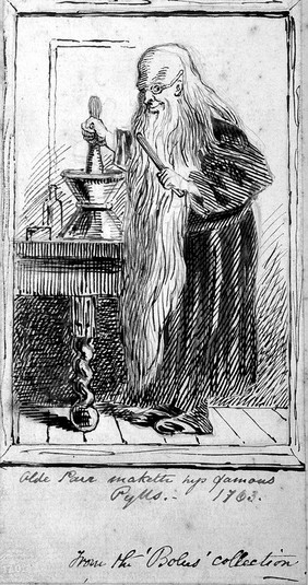 Old Parr, an elderly apothecary with an extremely long beard mixing a concoction with a pestle and mortar. Pen drawing by Matthews(?), 1861(?).