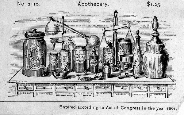 Apparatus for an apothecary. Wood engraving, 1861.