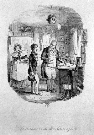 view A young man visiting a surgeon-apothecary in his workroom, where the proprietor shows him one of his prize natural history specimens. Etching by J. Leech.