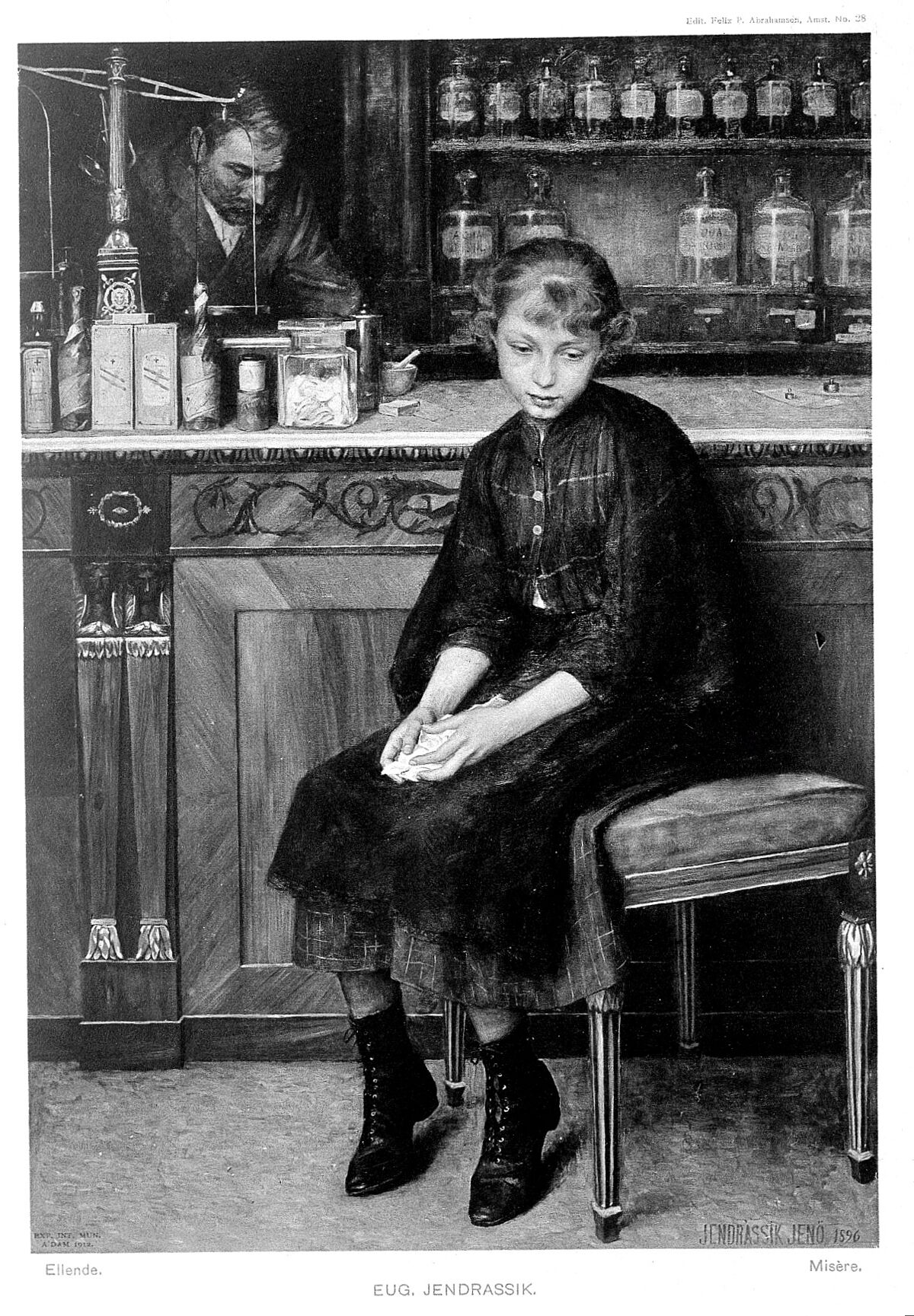 A girl waiting for a pharmacist to make up a prescription. Photogravure, 1912, after J. Jendrassik, 1896., 1912, by Jenő Jendrassik