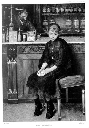 view A girl waiting for a pharmacist to make up a prescription. Photogravure, 1912, after J. Jendrassik, 1896.