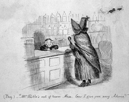 A little boy attempting to serve a customer in a pharmacy. Pen drawing, 1846.