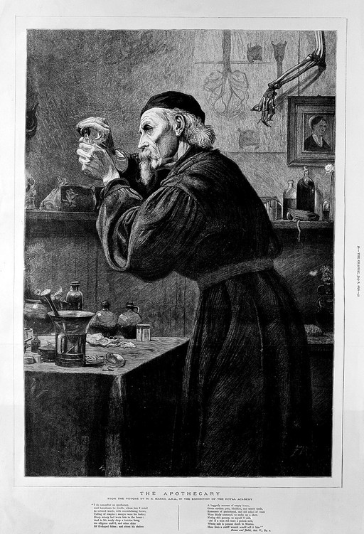 An apothecary in his laboratory concocting a mixture. Wood engraving by F.Mc F after, 1876, after H.S. Marks.
