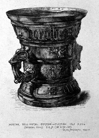 An elaborate metal mortar, German, 1545. Etching by W.W. McCarty.