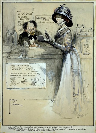 A fashionable young lady asking a pharmacist about the durability of the cosmetics he sells. Coloured pencil drawing by L. Wood, 1909.