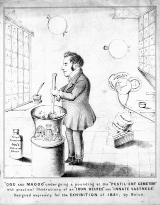 Sir John Simon (?) in his role as the first Medical Officer of Health for the City of London putting pressure on the Corporation of London to act upon the pestilential conditions of the graveyards in the City. Lithograph by Bolus, 1851.