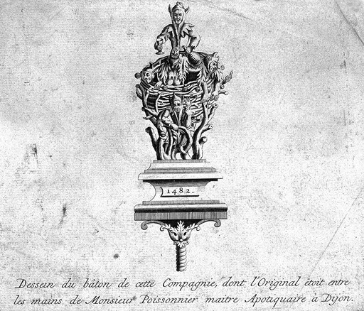 The carved top of a staff owned by M. Poissonnier, the master apothecary of Dijon, 1482. Line engraving.