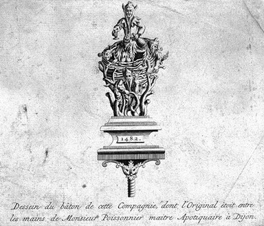 Fools carved on the finial of the staff of the Compagnie Mère-Folle (Mère-Folie) at Dijon, 1482. Line engraving by or after B. Picart.