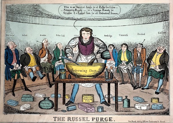 John Russell mixing a large concoction surrounded by a semi-circle of politicians on latrines; representing the Reform Bill which disenfranchised sixty 'rotten' boroughs. Coloured etching by C.J. Grant, 1831.