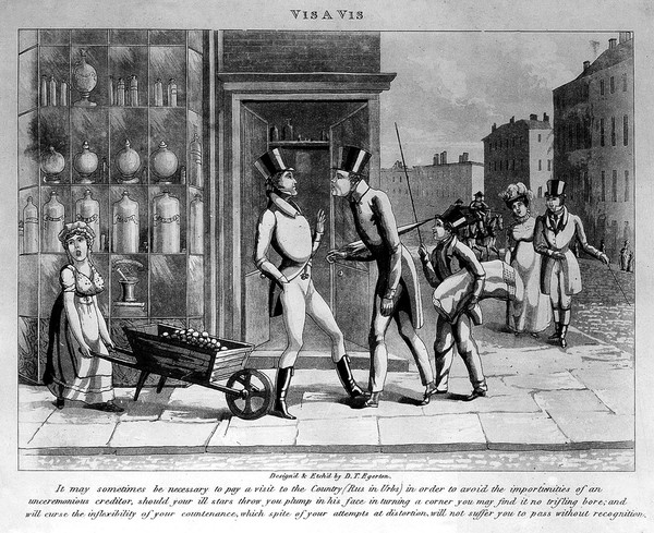 A young man outside a pharmacy and unfortunately bumping into his creditor. Aquatint by D.T. Egerton after himself.