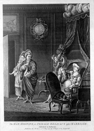A male-midwife suggestively examines an attractive pregnant woman, her disgruntled husband is led out of the room by a servant. Line engraving, 1773.