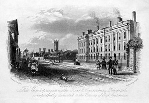 view The main road outside the Kent and Canterbury Hospital, Canterbury. Line engraving by G. Dawe after C. Dillon.