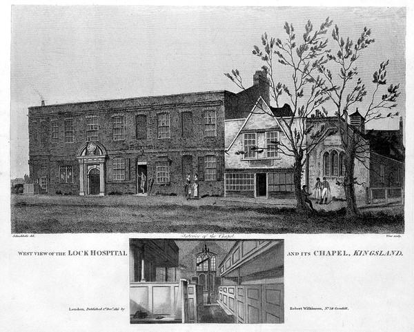 The Lock Hospital and chapel: view of the street facade, and a detail of the chapel interior. Coloured engraving by W. Wise after R. Schnebbelie, 1815.