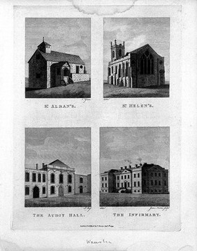 Audit Hall, Infirmary, St. Alban's and St. Helen's Churches, Worcester, England. Engraving by J. Newton, 1793, after N. Green and J. Ross.