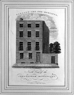 The Cheltenham Dispensary, Cheltenham, Gloucestershire. Coloured line engraving.