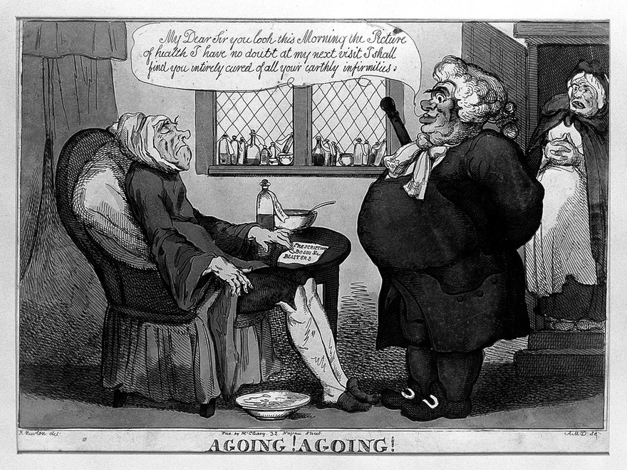 An obese physician pleased with the progress of his emaciated terminally ill patient. Coloured etching by A.M.D. after R. Newton.