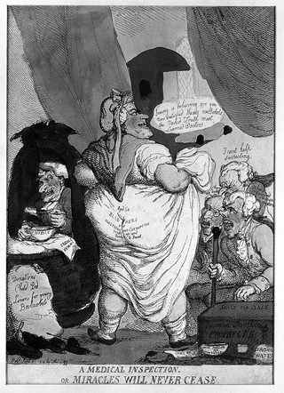 Joanna Southcott the prophetess exposing herself to three physicians in order to validate her pregnancy. Coloured etching by T. Rowlandson, 1814.