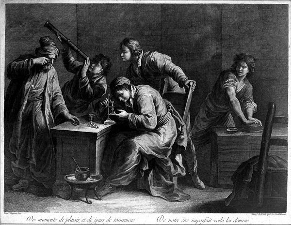 An old man wearing spectacles and his four pupils experiment using optical instruments and materials. Line engraving by F. Pedro after F. Maggiotto.