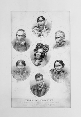 Seven vignettes of people suffering from different types of mental illness. Lithograph by W. Spread and J. Reed, 1858.