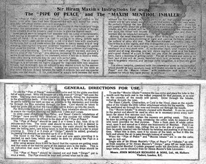 view Instructions for Sir Hiram Maxim's pipe of peace & inhaler