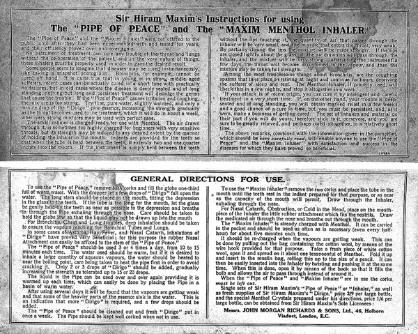 Instructions for Sir Hiram Maxim's pipe of peace & inhaler