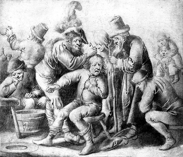 An itinerant surgeon extracting stones from a man's head; symbolising the expulsion of 'folly' (insanity), they are surrounded by a group of people. Pencil drawing by P. Quast, 1645.
