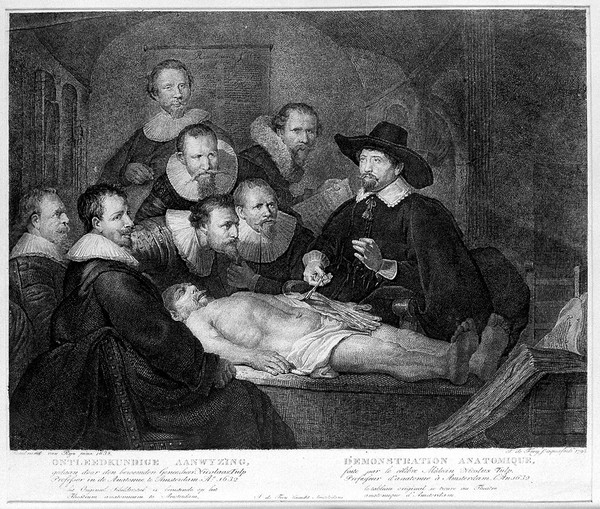 Nicolaus Tulp demonstrating anatomy to seven syndics of the Surgeons' Guild of Amsterdam. Etching by J. de Frey, 1798, after Rembrandt, 1632.