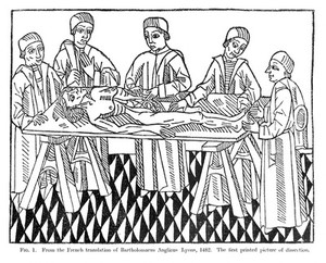 view Woodcut: five men at dissection on trestle table.