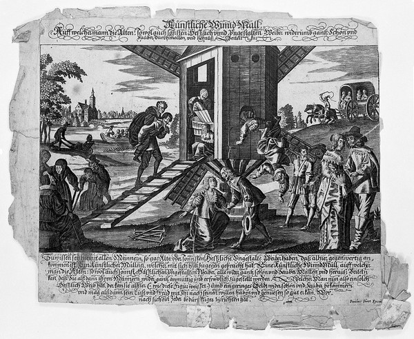 Husbands bringing their ugly wives to a windmill, to be transformed into beautiful ones. Engraving, ca 1650.