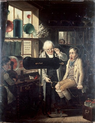 Dispensing of medical electricity (electrotherapy). Oil painting by Edmund Bristow, 1824.