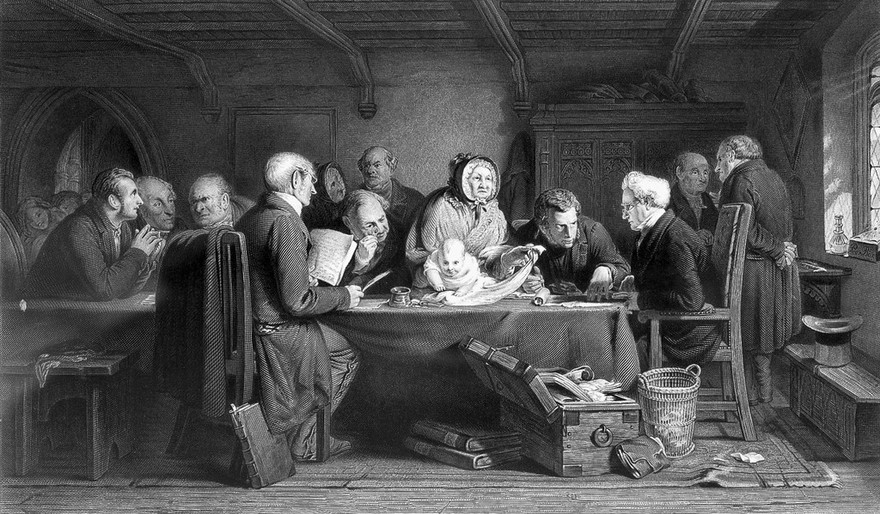 An abandoned baby is considered by the governors of a foundling hospital. Engraving after G.B. O'Neill.