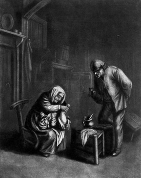 A woman changing her child's nappy, her husband is watching them in an amused manner. Mezzotint.