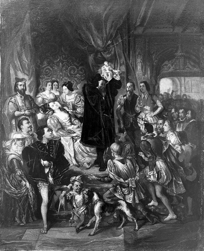 The birth of Henri IV at the castle of Pau. Oil painting after Eugène-François-Marie-Joseph Devéria.