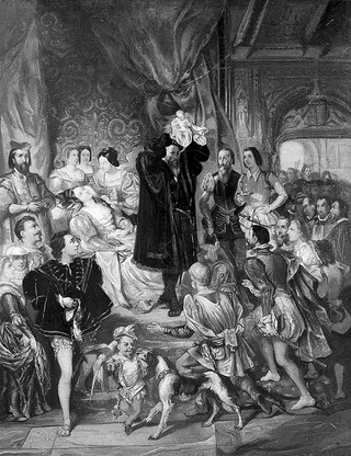The birth of Henri IV at the castle of Pau. Oil painting after Eugène-François-Marie-Joseph Devéria.