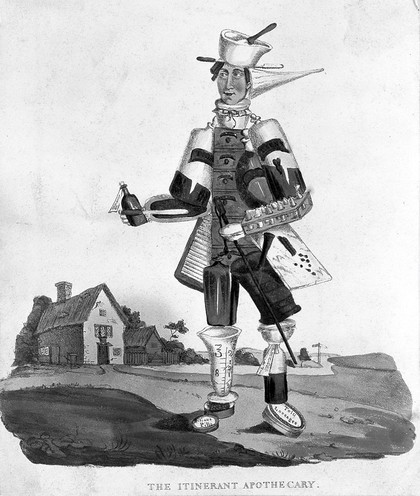 A man composed of pharmaceutical equipment wandering the countryside; representing an apothecary as if he were an itinerant. Coloured lithograph.