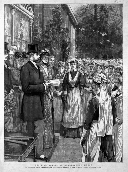 The Prince of Wales addressing nurses at a meeting about the National Pension Fund for Nurses, Marlborough House. Wood engraving.
