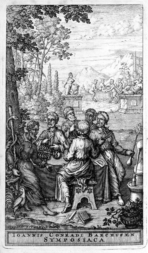Engraving: clasical medical figures.