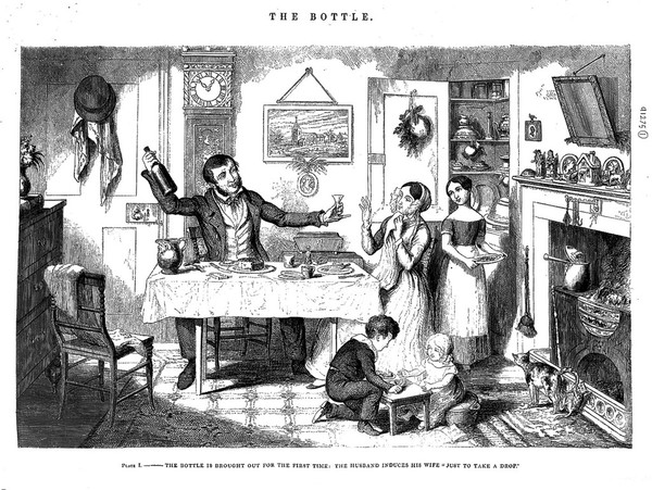 A man sits at home with his family and offers his wife a drink. Etching by G. Cruikshank, 1847, after himself.