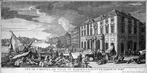 The port of Marseille during the plague of 1720. Etching by J. Rigaud after M. Serre.