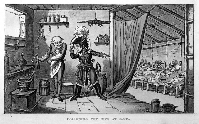Napoleon Bonaparte instructing the doctor to poison the plague victims at Jaffa in 1799. Coloured aquatint by G. Cruikshank, 1814.
