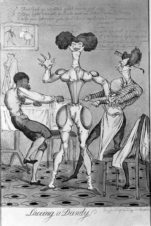 A man in his underwear is having his waist pulled in by two servants. Coloured etching.