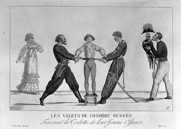 Two Russian valets are tightening ties around a young officer's waist as a third man brings a uniform for him to wear. Coloured etching, 1815.