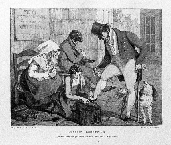A boy is cleaning the shoes of a man dressed in fine clothes, a woman seated on a chair is watching him, and another man is also cleaning boots. Coloured lithograph by J.J. Chalon after himself.