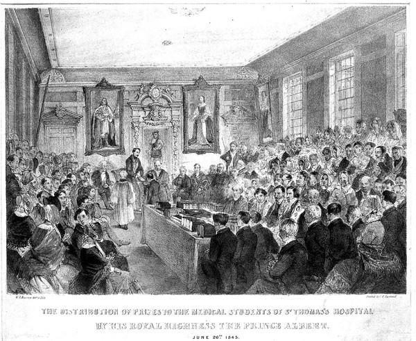 St Thomas's Hospital, Southwark: Prince Albert distributing prizes to the medical students. Coloured lithograph by C. H. Fairland after W. H. Kearney, 1845.
