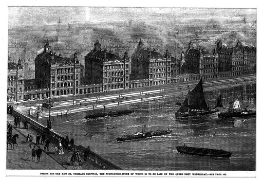 St. Thomas's Hospital, Lambeth, viewed from the north bank of the Thames. Wood engraving.