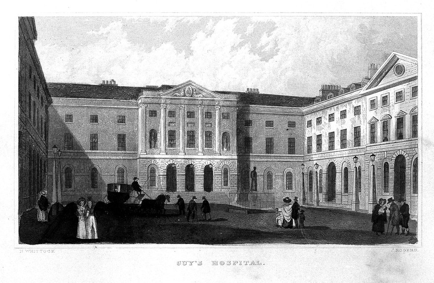 Guy's Hospital, Southwark. Coloured engraving by J. Rogers after N. Whittock.