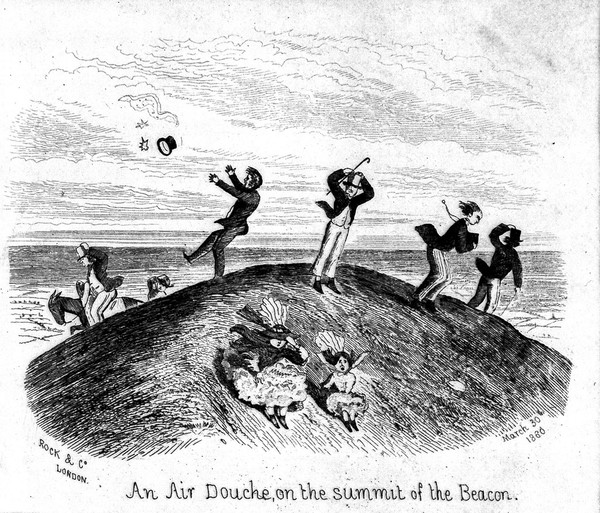 People out walking and riding in extremely windy weather on top of the Brecon Beacons. Wood engraving by O.T., 1860.